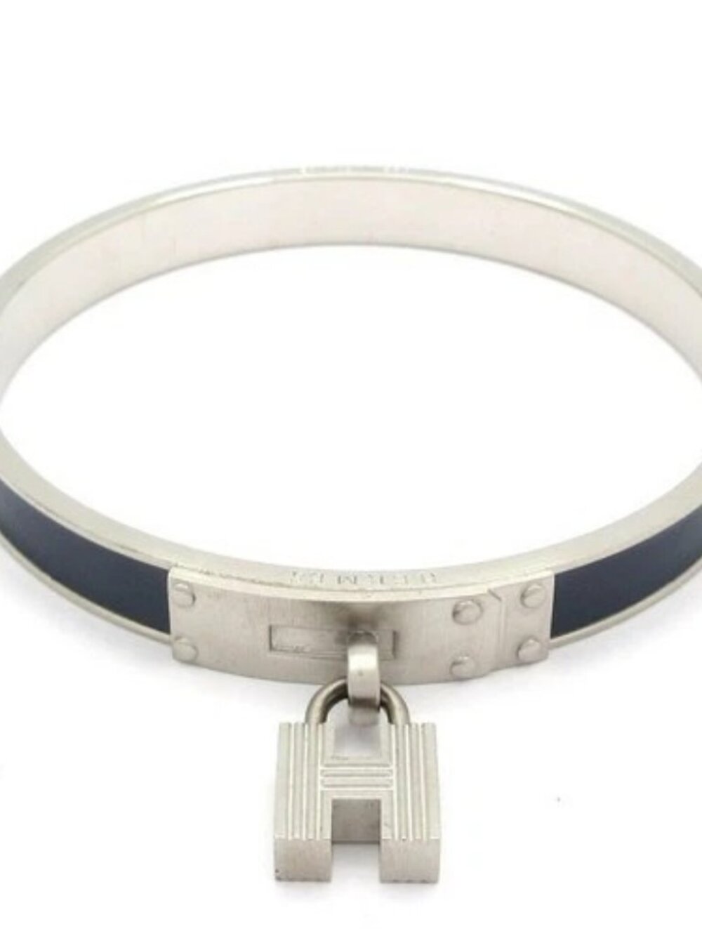 HERMES Kelly Bangle Silver Navy Hardware Leather Bangle